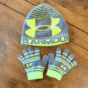 Under Armour Kids Neon Yellow and Gray Hat and Gloves Set